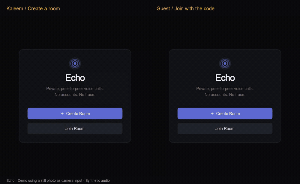 Echo demo: create a room, join with its code, then see Kaleem’s still photo transmitted through the video call.